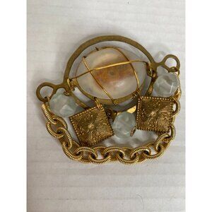 Vintage Style Gold Tone Statement Brooch Agate Stone Chain Dangle Boho Art Deco